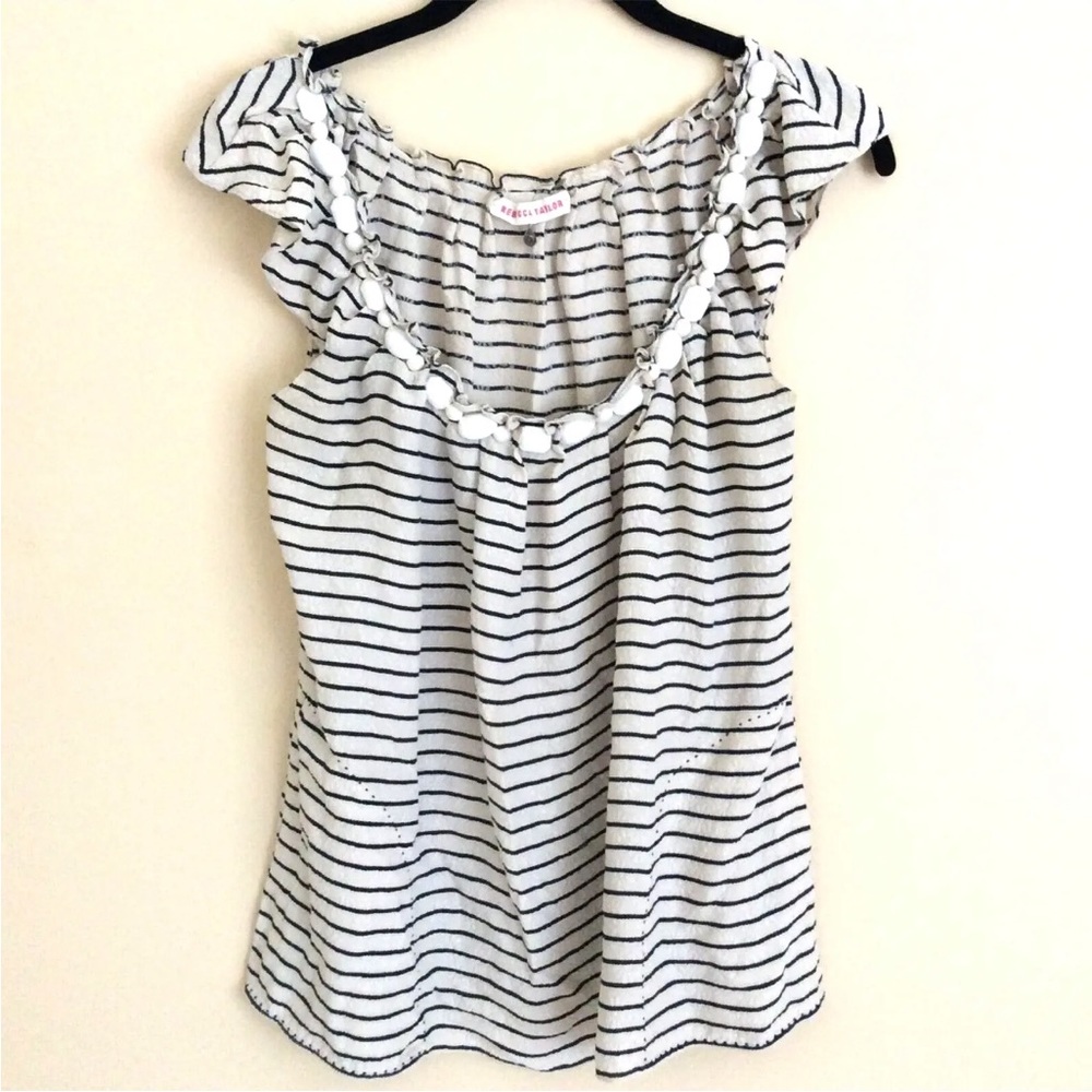 Rebecca Taylor 100% Silk Navy Striped Beaded Floral Embossed Top Pockets Size 0